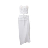 Zingj Summer New Sexy Crop Wrapped Chest Strap Vest Pleated Low Waist Slit Skirt