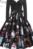 Women Winter Christmas Dress Vintage Santa Printed V-Neck Long Sleeve Swing Sexy Xmas Party Festival Dress