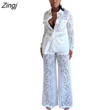 See Though Two 2 Piece Set for Women 2023 Summer Sexy Night Party Elegant Tracksuit Wide Leg Pants Matching