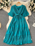 Vintage Women Pleated Chiffon Midi Dress Elegant V-Neck Short Sleeve High Waist A-Line Draped Purple/Red/Yellow Robe