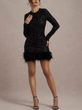 Women's Dress Sexy Dress Long Sleeve Solid Color Sequin Feather Dress Round Collar Woman