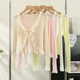 Ruffles Cardigan Slim Women Casual Transparent Sweater Shirts Lady Thin Solid Coats Female Crop