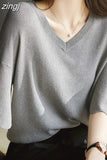 Women's Summer Knitted Shirt Petal Sleeve V-neck Solid Tops Loose Short Sleeve Ice Silk Sweater Women Fashion Shirt