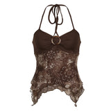 Women's Retro Print Irregularly Hanging Neck Vest Design Knitted Splicing Slingd