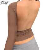 Women Trendy T-Shirt Sexy Solid Color Long Sleeve Fitted Cutout Open Back Going Out Tops Streetwear for Females