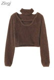 Out Long Sleeve Pink Crop Top Female Clothing Casual Pullover Sexy Sweater Women Corset Clothes Aesthetic Y2k Top