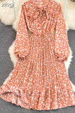 Women Floral Pleated Dress Elegant Bow Collar Flare Long Sleeve High Waist A-Line Ruffle Draped Vestidos Female Robe