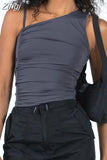 Off Shoulder Strap Ruched Tank Crop Tops 2023 Women Sleeveless Solid Slim Fit Irregular Hem Vest Summer