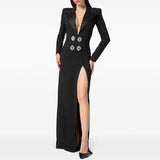 Star Fashion Diamond-Tender Button Deep V Suit Collar Open Fork Dress Dress Long