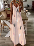 Zingj And Summer New Sleeveless Slim Feather Print Low Breast V Collar Sling Large Hem Skirt Women's Dress-Outfit