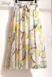Women Summer Floral Print Chiffon Girls Spring Korean A-Line High Waist Ladies Elegant Office Holiday Midi