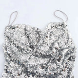 Silver Sequin Cowl Neck Midi Dress- Outfit