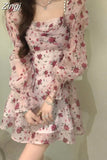 Sweet Korean Fashion Floral Bodycon Mini Dress for Women Party Beach Long Sleeve Casual Dresses Elegant Summer 2023