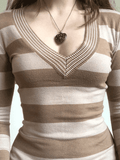 V Neck Striped Knit Top-Outfit