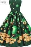 Sexy Spaghetti Strap Summer Dress Women Green Floral Print High Waist Slim Elegant Vintage A-Line Midi Dress