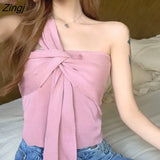 Women Summer Thin New French Style Sexy Crop Top Knitting Ins Classy One Shoulder All-match Solid Design Slim