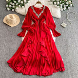High-End Elegant Dress Women Fashion Heavy Industry Embroidery Stender V Collar Waist Temperament Court Style Long