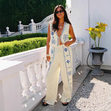 Fashion New Ladies Print Set Of Art Retro Sleeveless Top Broad Leg Pants Two