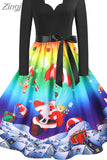 Dress Women Casual Vintage Patchwork Party New Year Santa Print Robe 50S 60S Rockabilly Swing Elegant Winter
