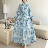 Light Luxury Temperament Dress Female High-End Feel Strapped Waist Three-Dimensional Flower Lantern Sleeve Print