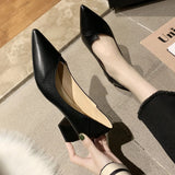 Korean Version Of Thick Heel High-Heeled Single-Shoe Women's Pointed Professional Shoes Black Heel Shoes To Work