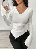 And Summer New V-Neck Open Shoulder Two-Wear Design Embody Wrinkles Irregular Long-Sleeved