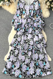 Autumn Women Floral Ruffle Long Dress Bohemian Vacation Beach Maxi Robe Female Elegant V-Neck Lantern Sleeve Robe