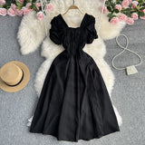 Zingj Vacation Wind French Retro Square Collar Waist Dress Female Summer Design Sense Bubble Short Sleeve Fairy