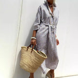 Explosion Autumn Five-Sleeve Striped Sides On Both Sides Of The Fork Shirt Dress