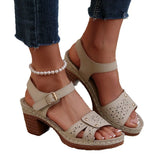 Retro Casual Roman Style Round Head Sandals Women New Hollow Pattern High Heel Buckle With Large Size