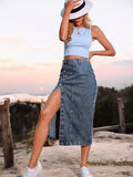 Side Slit Buttoned Denim Midi Skir- Outfit