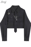 Women Blouses Harajuku Punk Streetwear Black Casual Gothic Tie Blouse Vintage Long Sleeve Loose Turn Down Collar Shirt