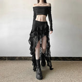 New Women's Dress Of Autumn 2024 Unique Design Black Lace Wave Rfolded Half-Body