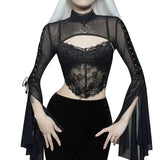 Net Horn Sleeve Double Ribbon Shoulder Dark Wind High Collar Characteristic Corns Strapped Long-Sleeved