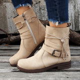 Side Zipper Short-Trace Knight Boots Women Autumn Round Head Thick With Belt Buckle Velvet Short