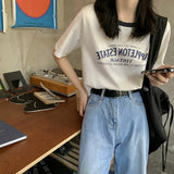 Zingj Round Collar Short Sleeved T Shirt Female 2024 Summer Letter Print Loose Short Vintage Student Jacket