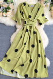 Women Polka Dot Midi Dress Vintage V-Neck Short Flare Sleeve Bandage A-Line Vestidos Female Casual Robe New