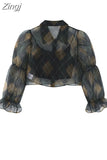 Sexy Chiffon Blouse For Women Elegant V-Neck Puff Long Sleeve Short Tops Female Slim Party Shirts Vintage 2023