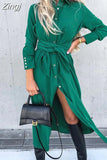 Solid Long Sleeve Shirt Dress Women Lace up Single Breasted Beach Maxi Party Dresses Turn-down Collar Split Sash
