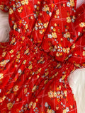 Bohemian Women Floral Printed Midi Dress Elegant V-Neck Short Sleeve High Waist Draped Slim Big Swing Vestidos Female