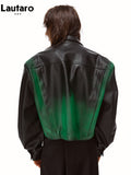 Spring Autumn Short Cool Oversized Gradient Pu Leather Jacket Women Pockets Luxury Designer Clothes Runway Fashion