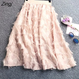 Tulle Midi Skirt Women Korean Fashion Feather Tassel Pleated Skirts Elegant A-Line Elastic Waist Chiffon Skirts Jupes