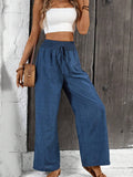 Hot Women's Solid Color Folded Waist Loose Broad-Legged Straight