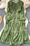 Autumn Women Lace Midi Dress Vintage Round Neck Lantern Long Sleeve High Waist A-Line Elegant Party Robe New Fashion