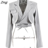 Gray Double Layer Bandage Slim Blazer Women Long Sleeve Pocket Short Jacket Female Notched Collar Outwear Tops 2023