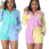 Casual Summer Tracksuit Female Two Piece Set Striped Print Turn-Down Collar Long Sleeve Shirt Tops And Mini Shorts