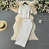 Zingj Hot Girl Suit Female Summer Korean Version Round Collar Knit Short Sleeve Short Jacket High Purse Hip Skirt Two