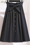 Women Elegant High Waist Midi Skirt Spring And Summer Casual Single-Breasted Solid Black White Bowknot Belt Office A-Line