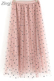 Layers Mesh Sweet Dot Pleated Skirt Women Solid Elastic Waist Spring Summer Elegant Office Ladies Long Skirts Casual