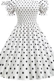 Dot Party Dress Elegant Women Summer Puff Short Sleeve Square Collar Elastic Waist Vintage Midi Sundress Casual